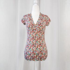 retro floral short sleeve v neck blouse